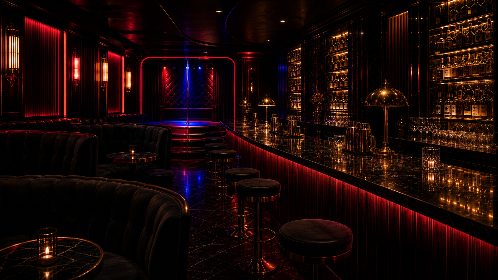 Premium late-night venue interior with red and blue lighting