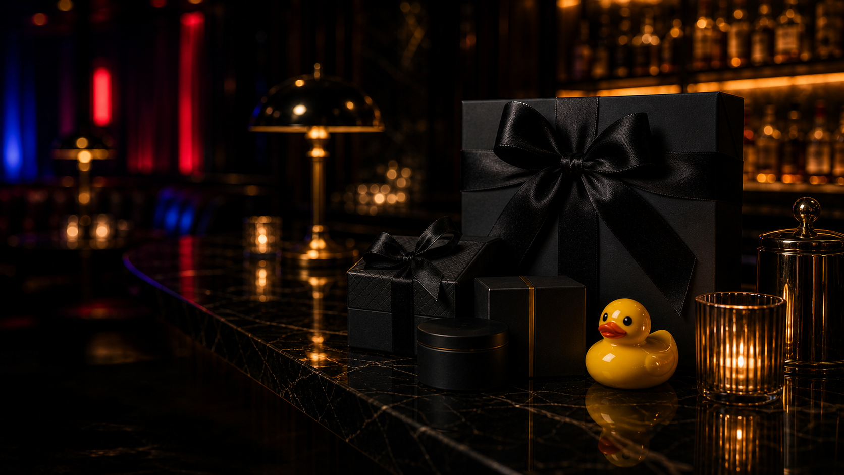 Luxury black gift boxes with a glossy yellow rubber duck accent