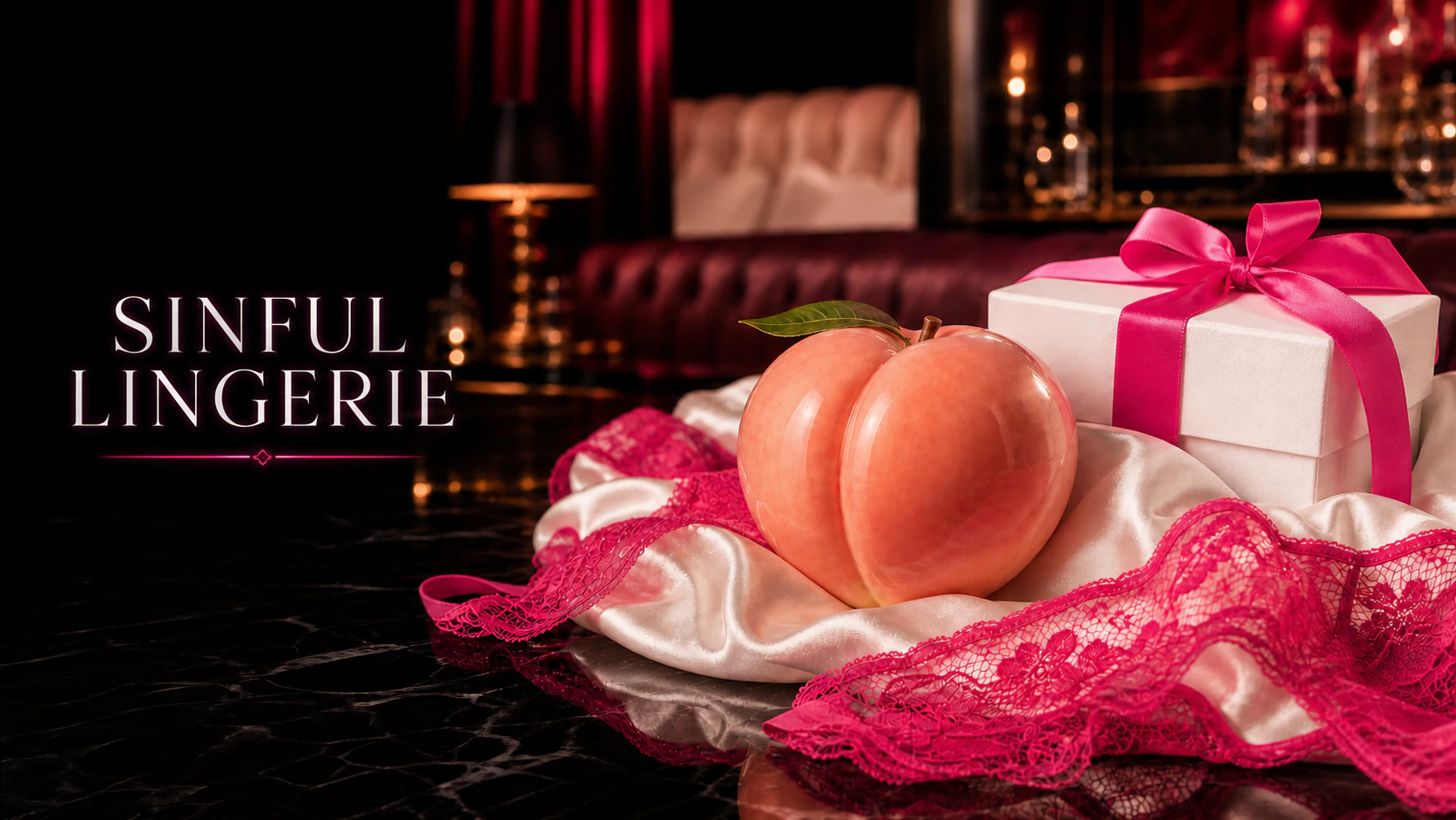 Sinful Lingerie branded image with a peach, hot-pink lace, and an ivory gift box
